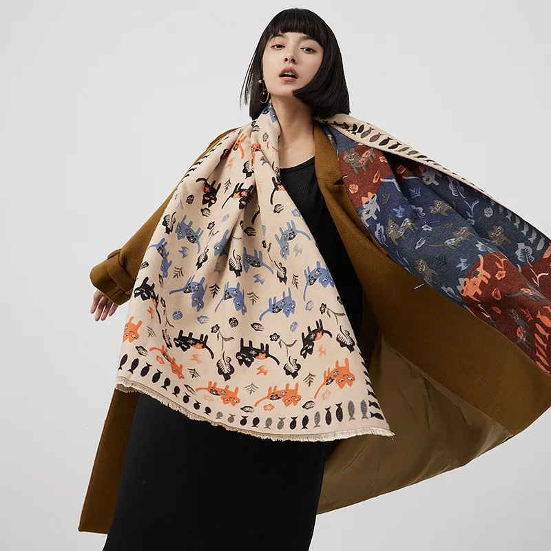 

2023 Winter New Cashmere Scarf Lady Cute Animal Cat Pattern Design Thicken Warm Big Shawl Fashion Pashmina Long Bandana Scarves