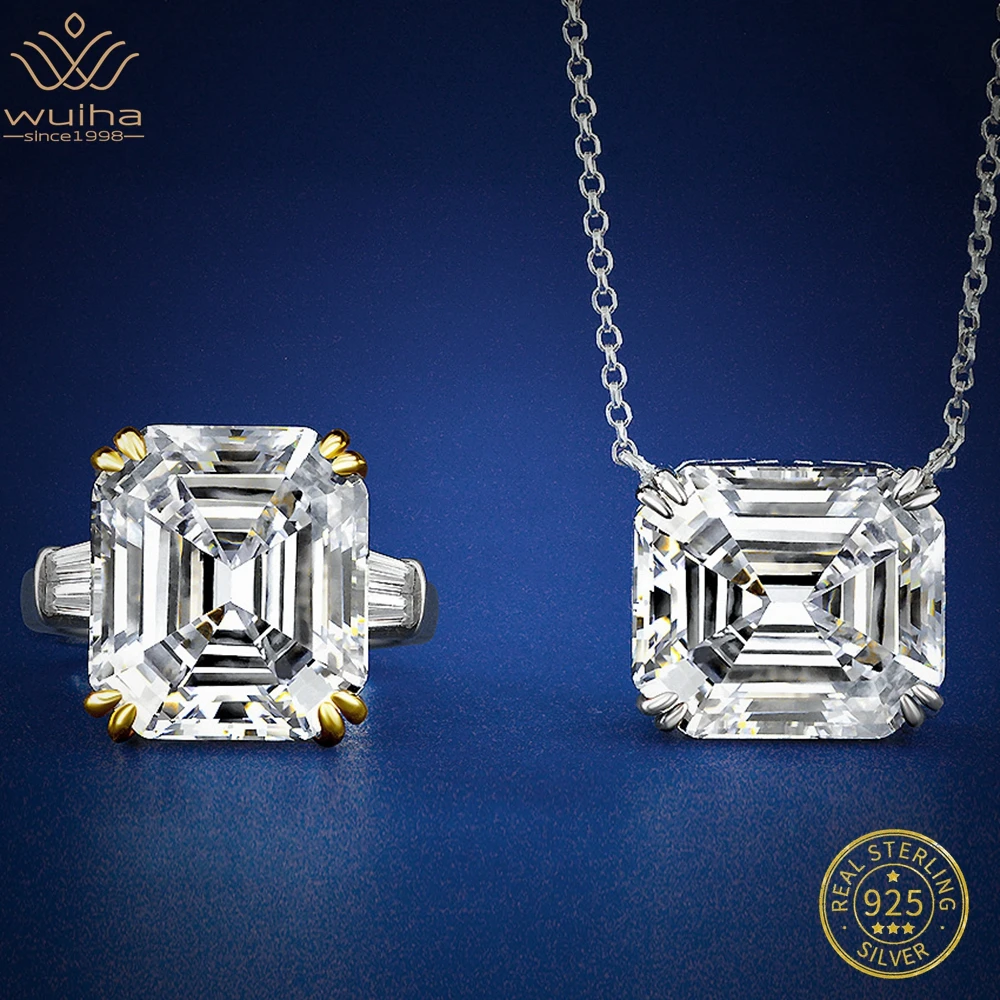 

WUIHA 925 Sterling Silver Asscher Cut 26CT Vivid Yellow/White/Pink Sapphire Created Moissanite Ring/Pendant/Necklace Jewelry Set