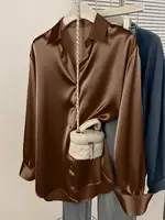 Women's Satin Button-Up Blouse, Elegant Collared Shirt for Office or Casual Wear, Autumn Winter Spring - Image 3