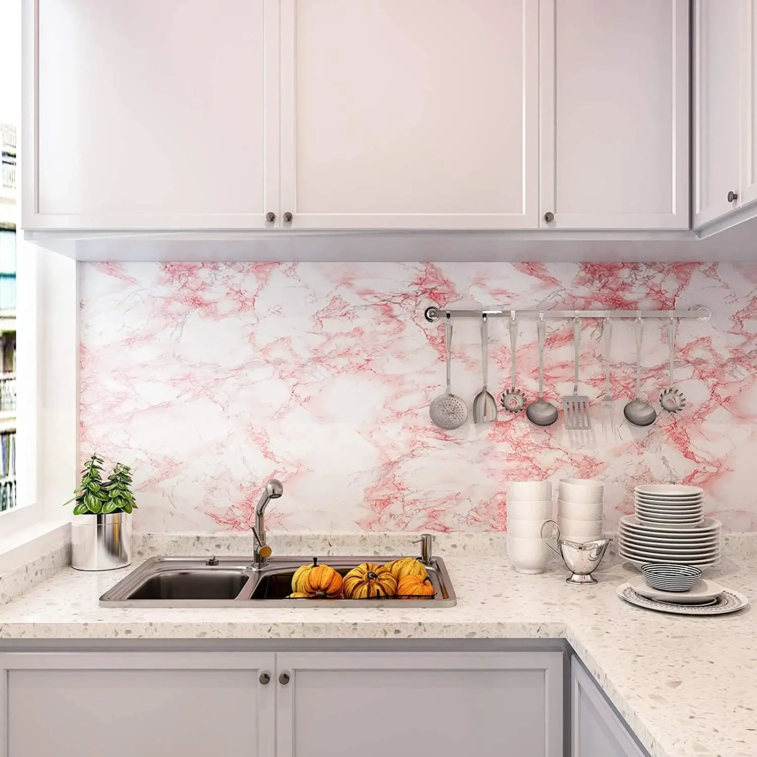 Pink Glossy Marble Contact Paper for Countertops Waterproof Removable Wallpaper Self Adhesive Sticker for Kitchen Cabinets Walls