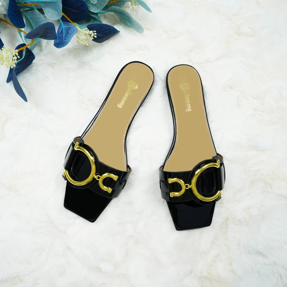 Plus size 35-44 leather slippers women's luxury party shoes square toe fishmouth shoes outdoor beach flip-flops in summer