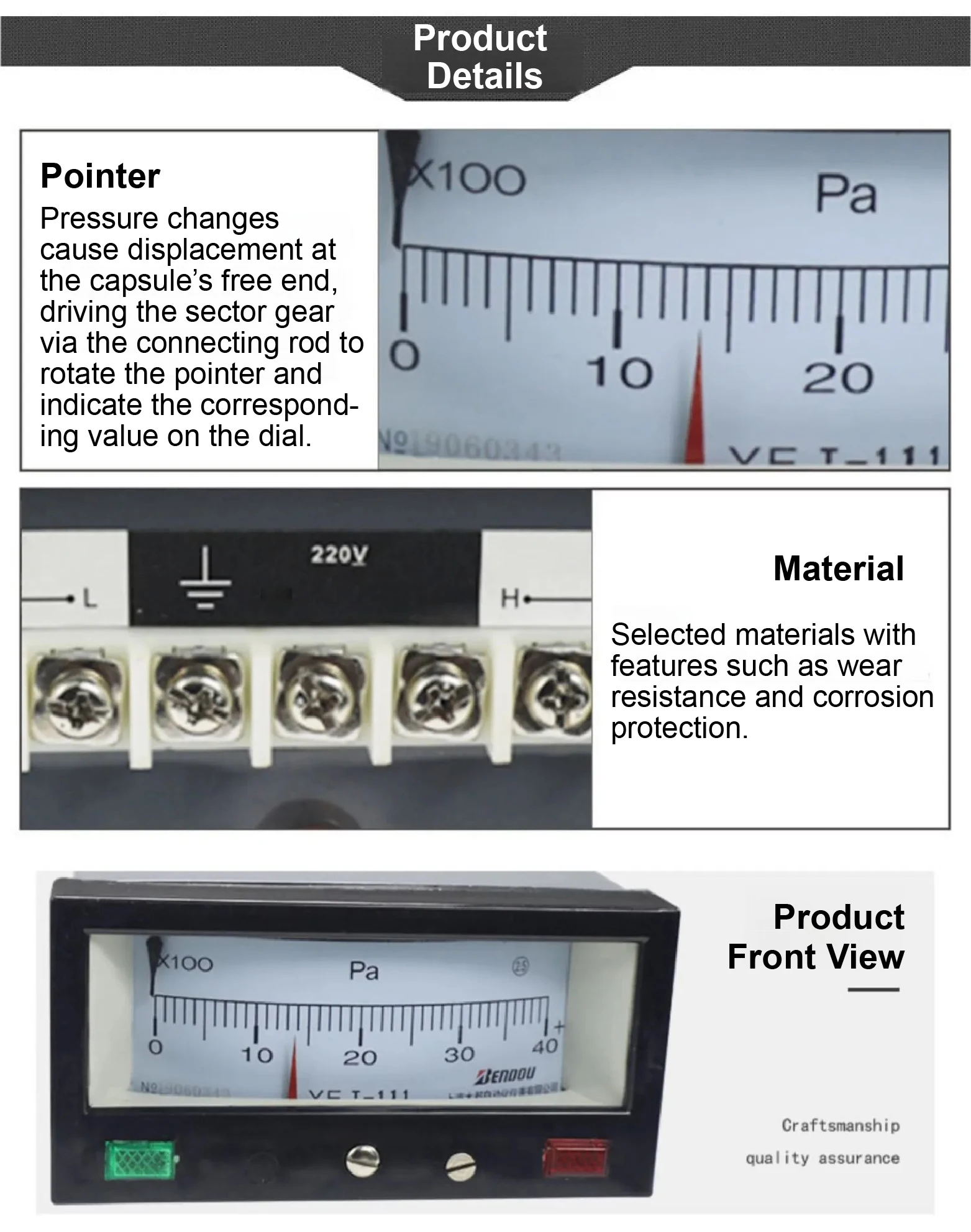 HVAC Rectangular Differential Pressure Gauge YEJ-111 Micro Air Manometer Diaphra