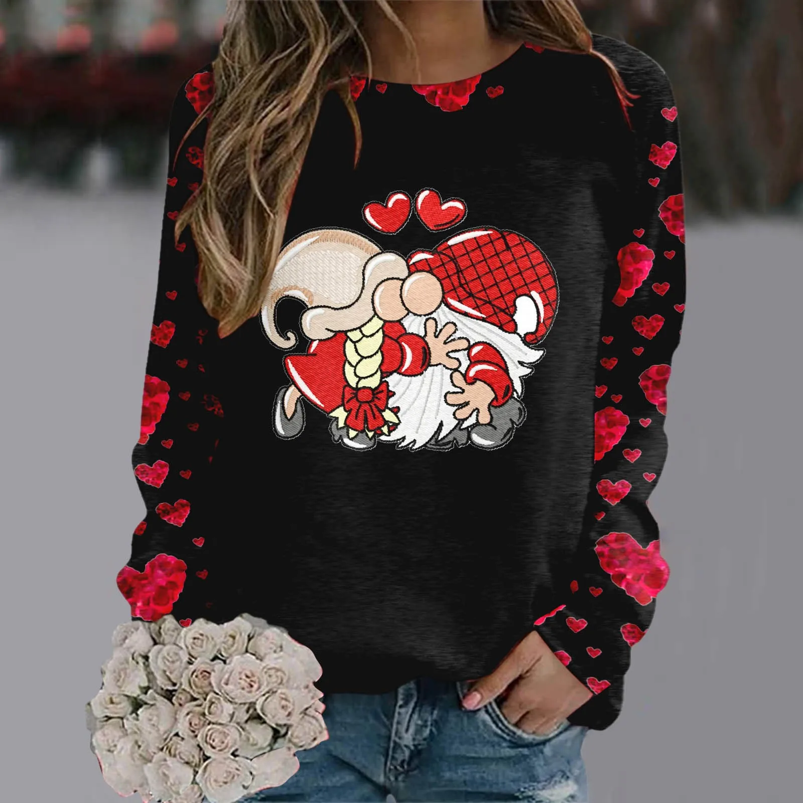 

Sweatshirt Hoodies Womens Valentine Day Print O Neck Sweater Pullover Tops Couple Lover Long Sleeve Workout Shirts Loose Blouse