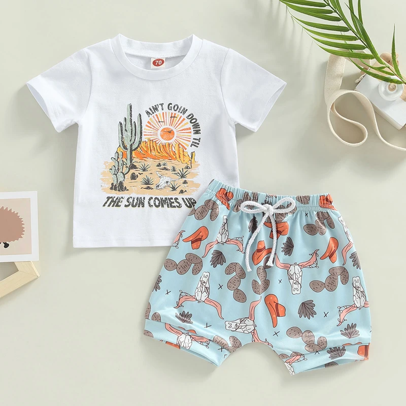 

2022-12-05 Lioraitiin 0-3Years Toddler Baby Boy Girl 2Pcs Summer Clothing Set Short Sleeve Cactus Print T-shirt Elastic Shorts
