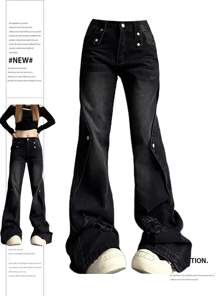 Women's Baggy Flare Jeans Harajuku Y2k 90s Aesthetic Oversize Black Gothic  Denim Trousers Emo 2000s Jean Pants Vintage Clothes