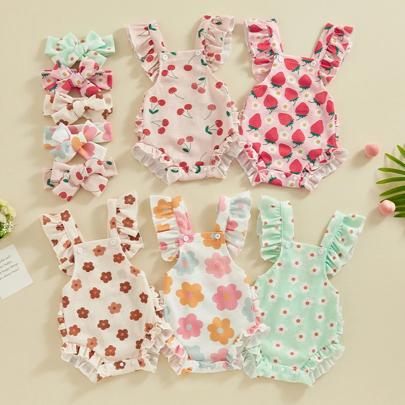 

New Baby Girls Romper Bodysuit And Headband Strawberry Flower Cherry Print Fly Sleeve Frills Infant Jumpsuit Summer Clothes