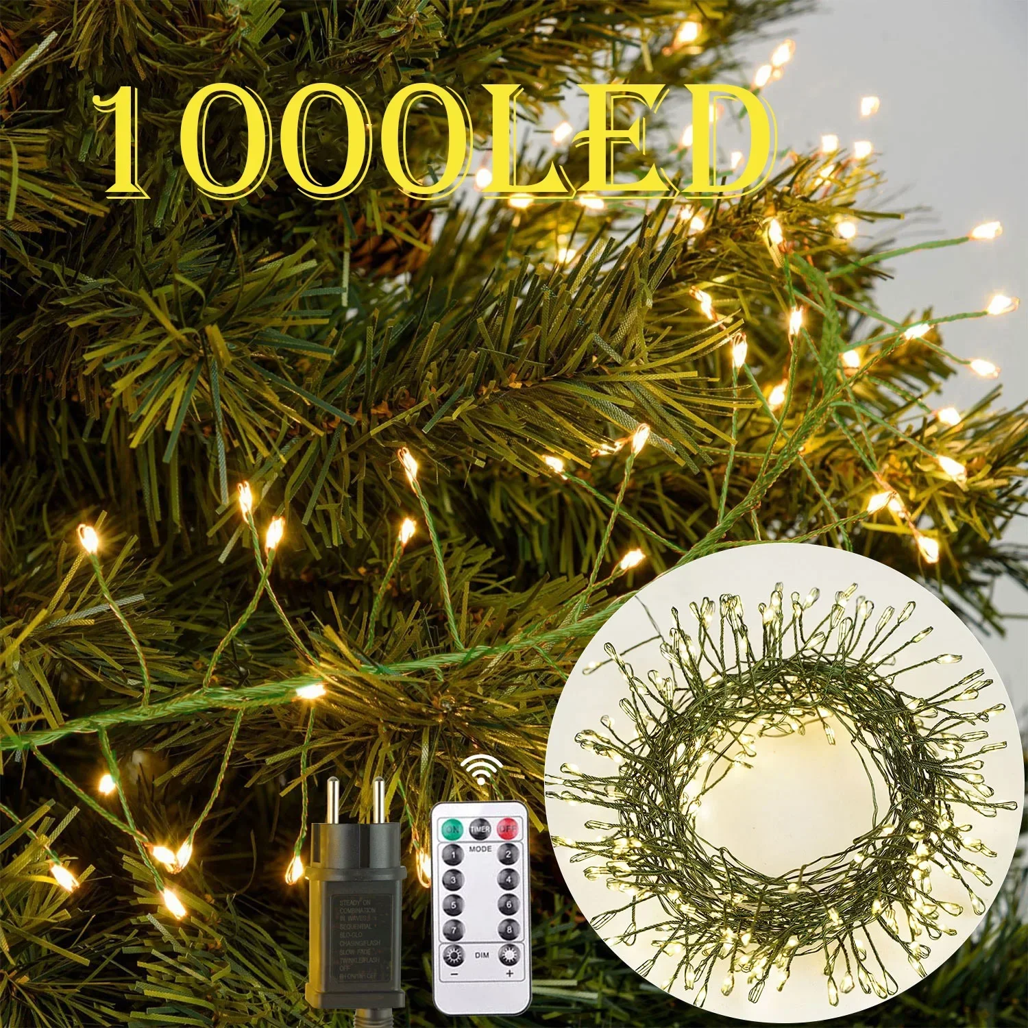

1000LED Cluster Christmas Tree Garland Lamps Festoon Green Wire Fairy String Lights for Halloween Outdoor Indoor Decoration