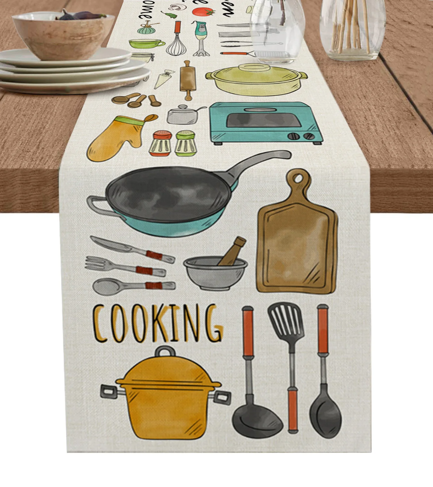 

Kitchen Cooking Tools Linen Table Runner Kitchen Table Decoration Farmhouse Reusable Dining Tablecloth Wedding Party Decor