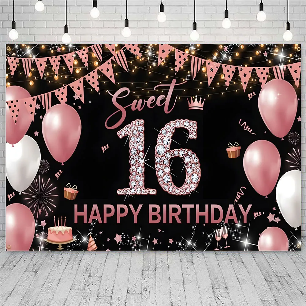 Purple Balloon Present Sweet 16 Background for Photography Sixteen Birthday Party Backdrop Decor Props Banner Poster