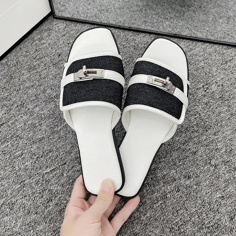 여성용 금속 버클 데님 샌들, 비치 플랫 슬리퍼, 여름 슬리퍼
