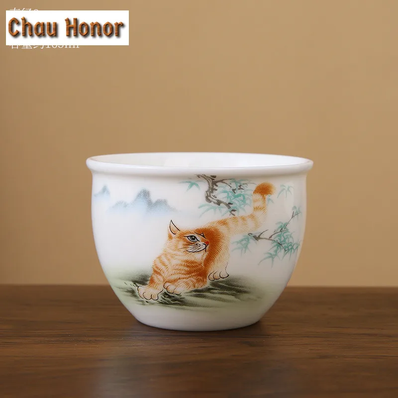 165ml Cute Cat Teacup Chinese Sheep Fat Jade Porcelain Cup Beautiful Tasting Cup Personal Master Tea Bowl Teaware Tea Ceremony