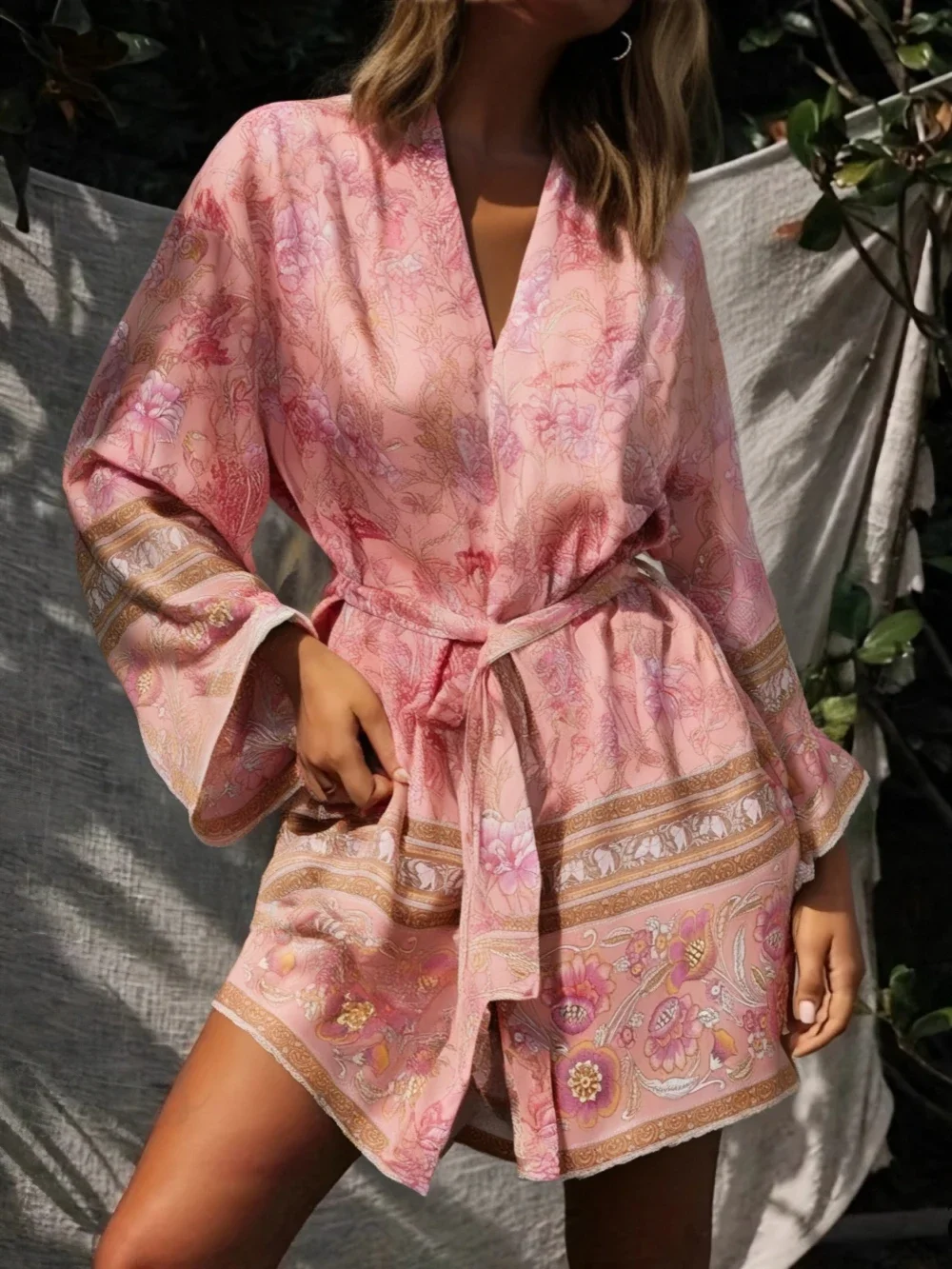 빈티지 멀티 꽃 프린트 여성 보헤미안 기모노 비치웨어 배트 윙 슬리브 레이온 로브 비치 Boho 비키니 커버 업