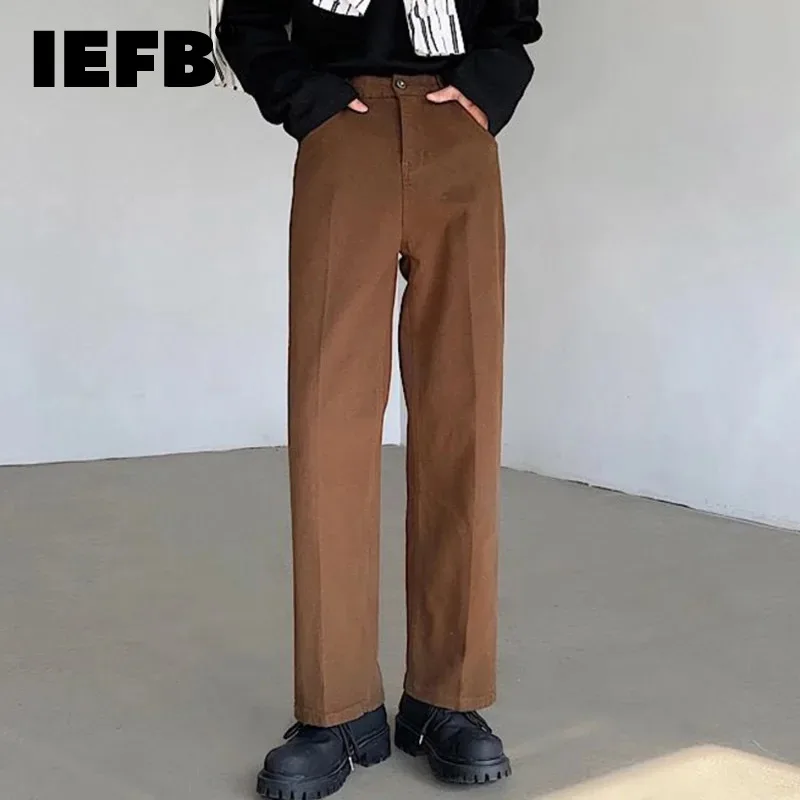 

IEFB Solid Color Men's Jeans American Style Pleated Pockets Button Male Denim Straight Pants Casual Spring New Stylish 9C4331