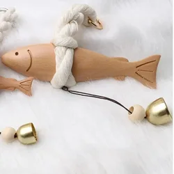 Nautical Wood Fish Sculpture with Bell - Handcrafted Rustic Wall Hanging Decor (L)