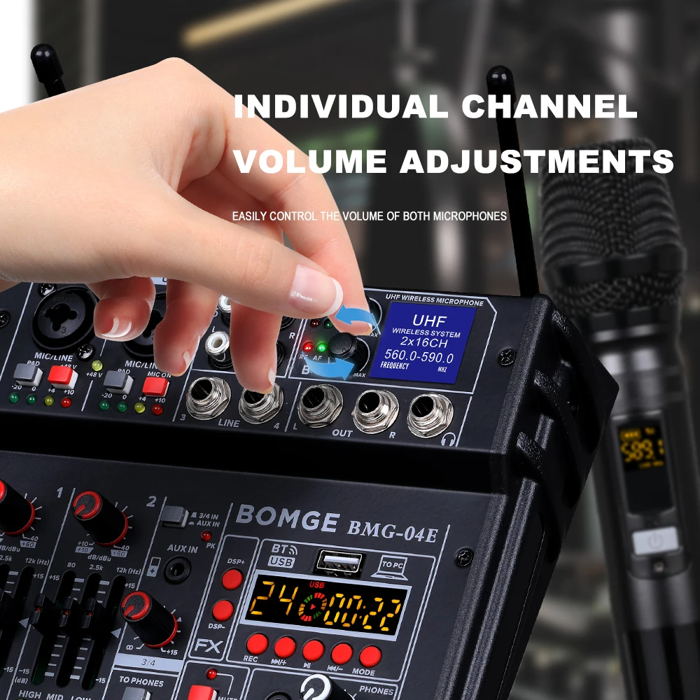 BOMGE 04E karaoke Audio mixer 4 Channel Sound Mixer With Dual UHF Wireless Mic DJ Mixing for Party Computer Studio Recording audio mixer audio interface