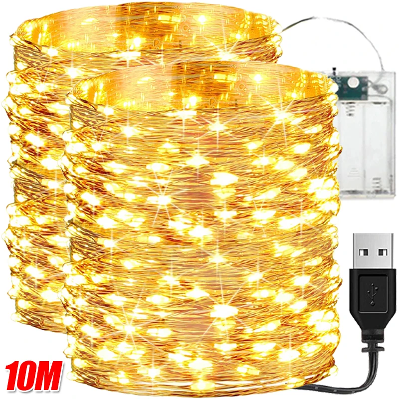 

5/10M LED Lights String USB/Battery Copper Wire Garland Fairy Light Christmas Wedding Party Decor Waterproof Outdoor Indoor Lamp