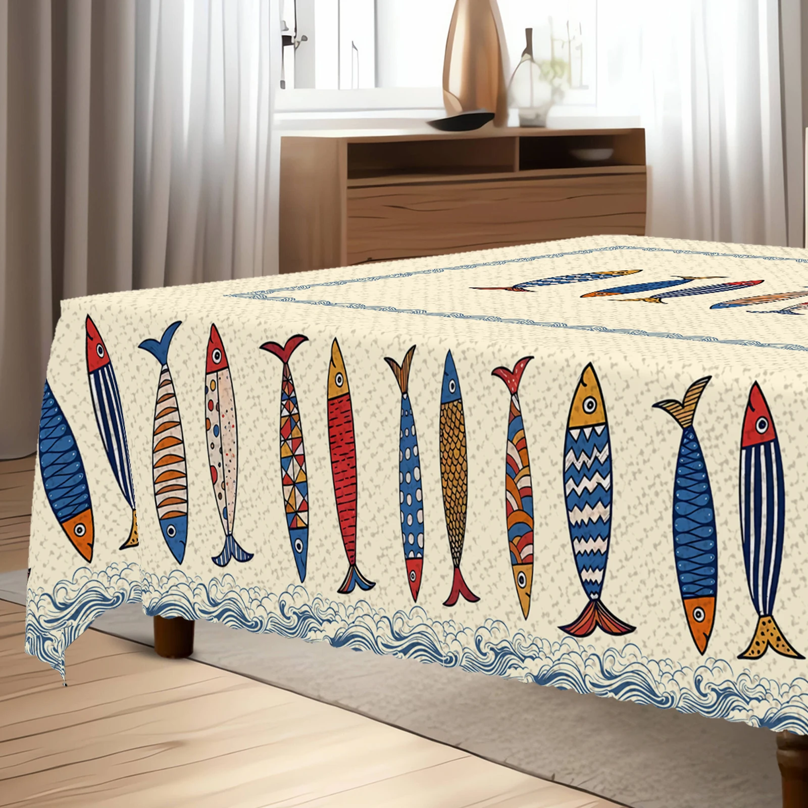 1pc Blue Fish Tablecloth, Ocean-themed Home Decoration, Summer Decor ...