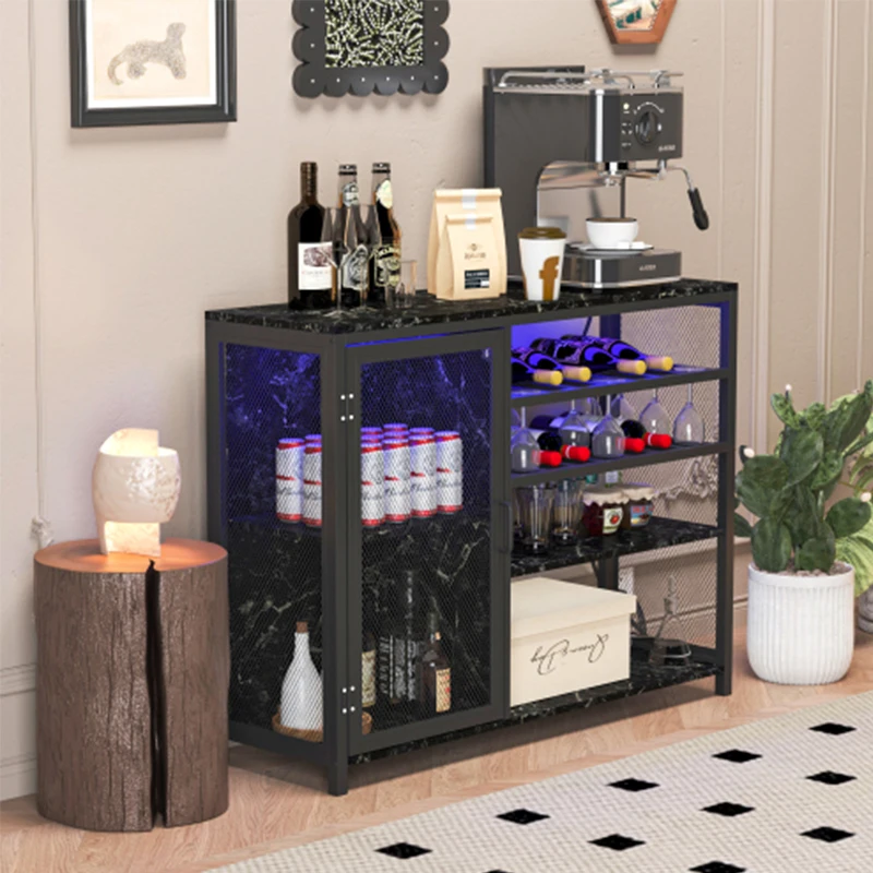 Bar Cabinet,Wine Bar Cabinet,Liquor Storage Credenza,Sideboard with Wine Racks & Stemware Holder,With UAB socket,Black