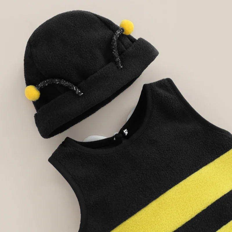 Baby Boys Girls Bee Romper Stripe Sleeveless Back White Wing Decor Jumpsuits Casual Costume Clothes Infant Bodysuits with Hat 4