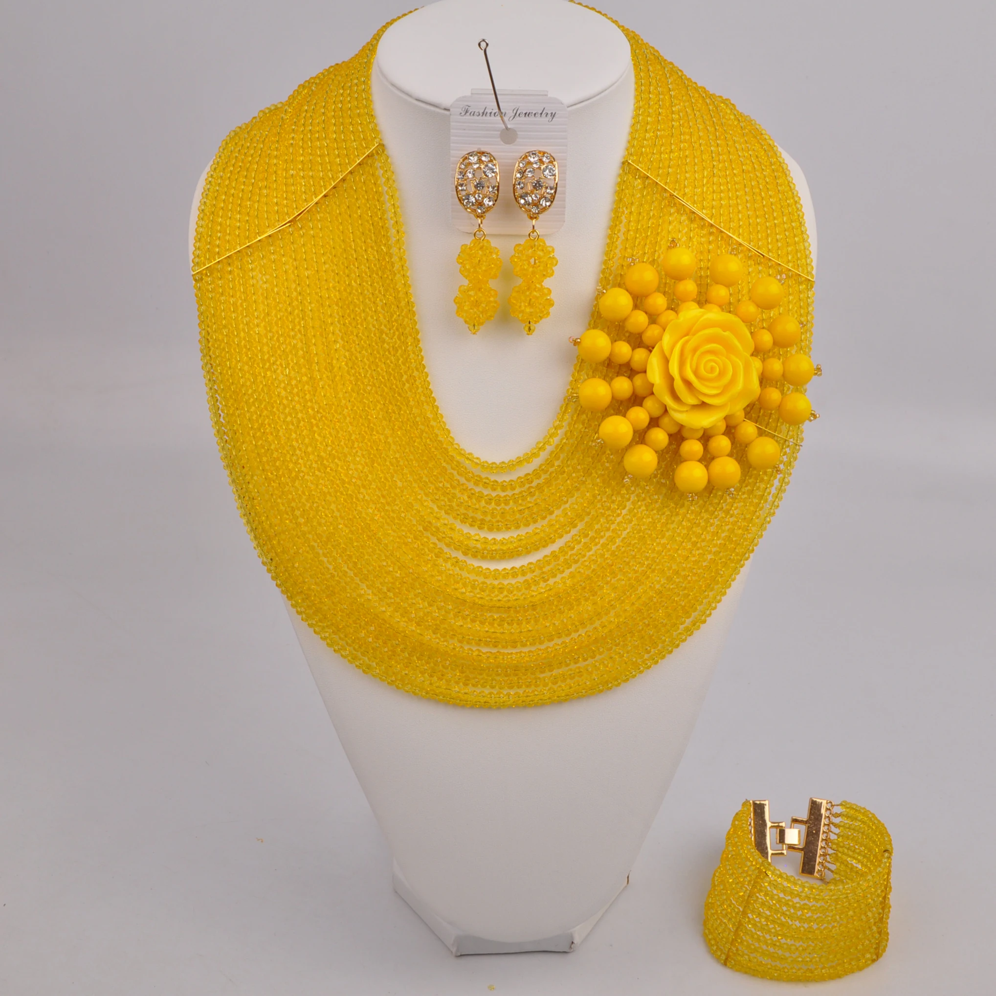 

20Rows Yellow Flower African Necklace Nigerian Wedding Party Bridal Jewelry Sets Crystal