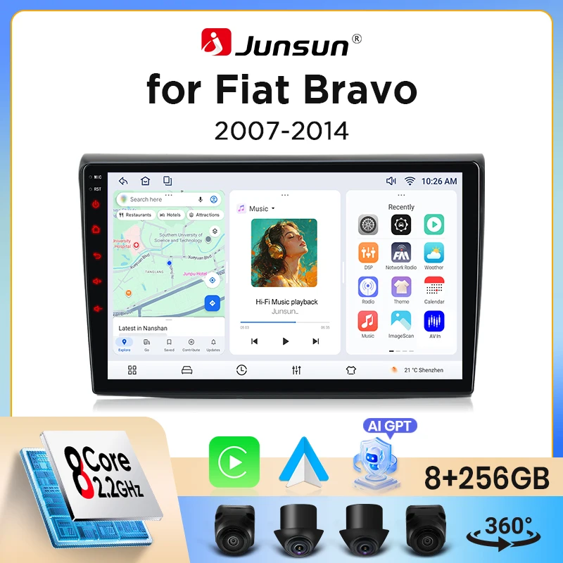 Radio para Auto Junsun para Fiat Bravo 2007 2008 2009 2010 2011 2012, CarPlay, Android Auto, FM, RDS, DSP, BT, GPS, Navegador, SWC, Pantalla Táctil HD IPS, Reproductor Multimedia Plug & Play, Llamadas Manos Libres, Unidad Principal con Estilo Original del Auto 1