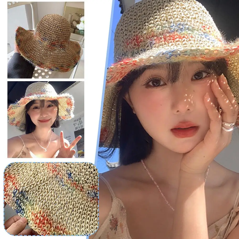 여성용 다채로운 직조 빨대 모자, 파나마 모자, 스크린 모자, 빨대 모자, 비치..
