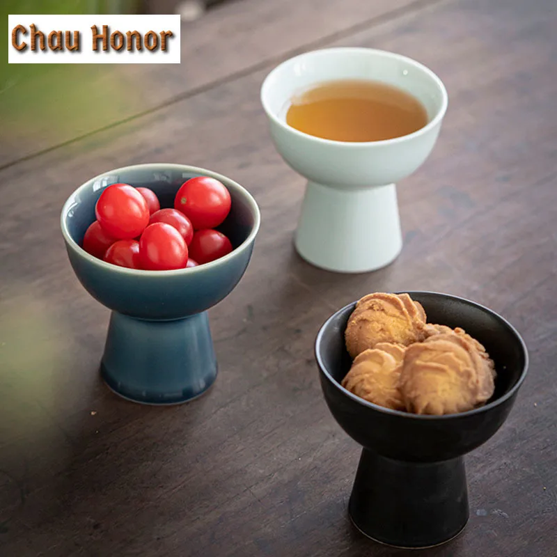 Ceramic Plate Tall Feet Fruit Plate Round Salad Bowl Dessert Cake Pan Snack Tray Decorative Plates Tableware Display Stand Gift