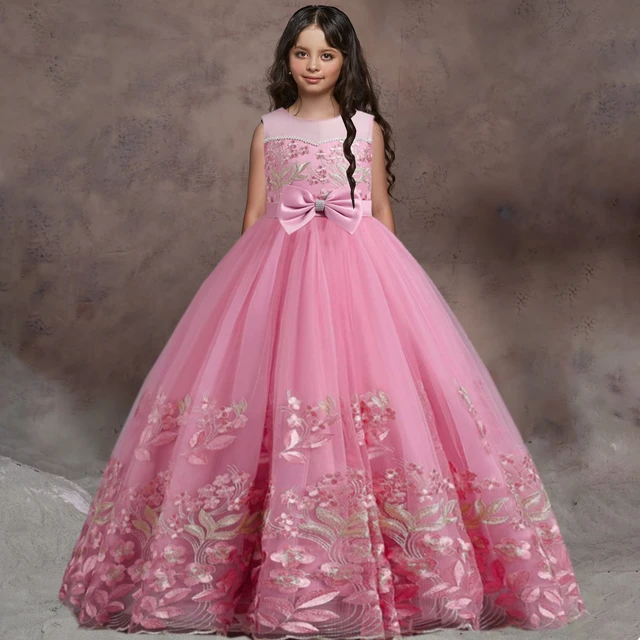 Robe cérémonie fille en coton et tulle brodée fleurs