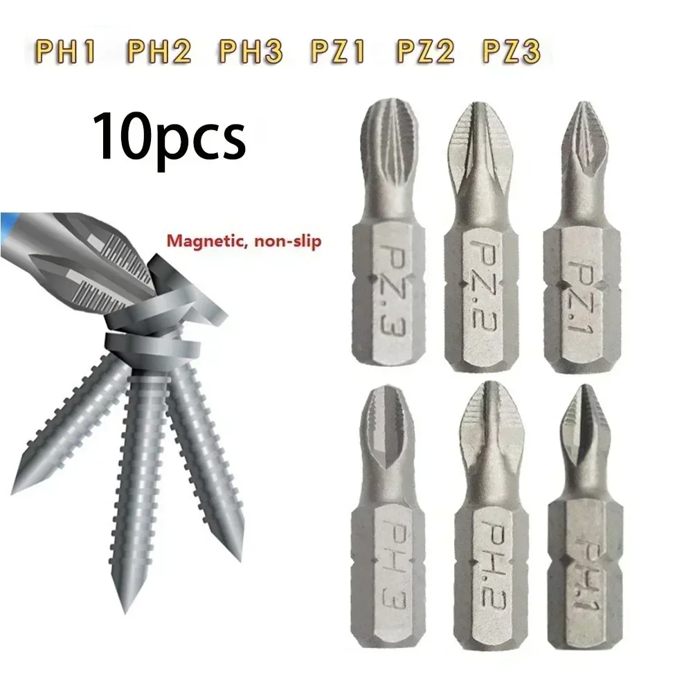 10 Stück 25mm Rutschfester Elektrischer Sechskant-Magnet-Schraubendreher-Bit-Satz Sechskant-Schraubendreher-Bits PH1 PH2 PH3 PZ1 PZ2 PZ3