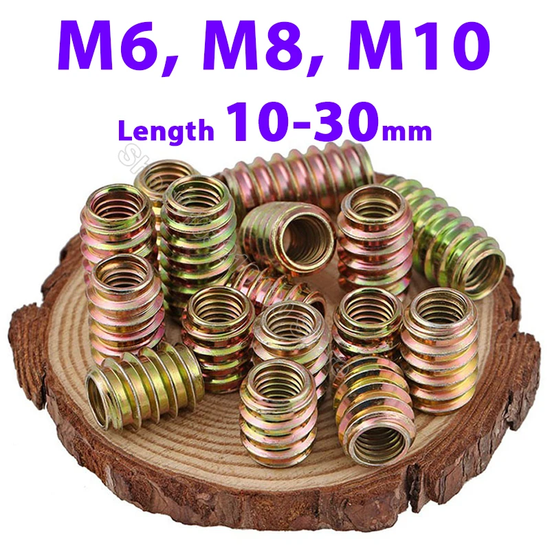 5-30Pcs M6 M8 M10 Furniture Pass-through Drive Unhead Threaded Nut Color Zinc Plated Carbon Steel Wood Insert Nuts L=10-30mm