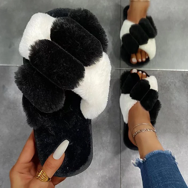 Fashion Mixed Color Plush Slippers Women Autumn Winter Cross Band Flats Slippers Woman Open Toe Fluffy Furry Slides Shoes Female