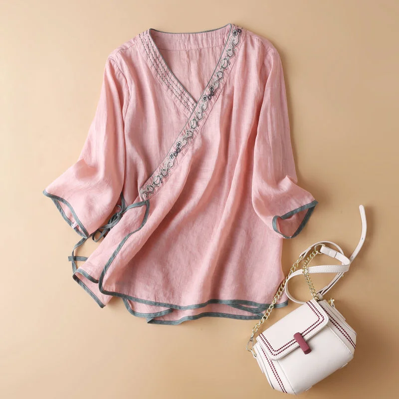 New Modern Chinese Tops Women Loose Ethnic Style V-Neck Cotton Linen Embroidery Female Tang Suit Coat Hanfu shirt woman
