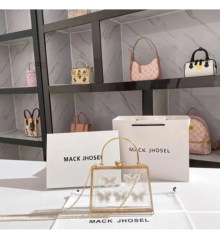 High Quality Transparent Acrylic Box Square Bag Appliques Bow Women Fashion Handbag Lady Purse Female Shoulder Crossbody Bag