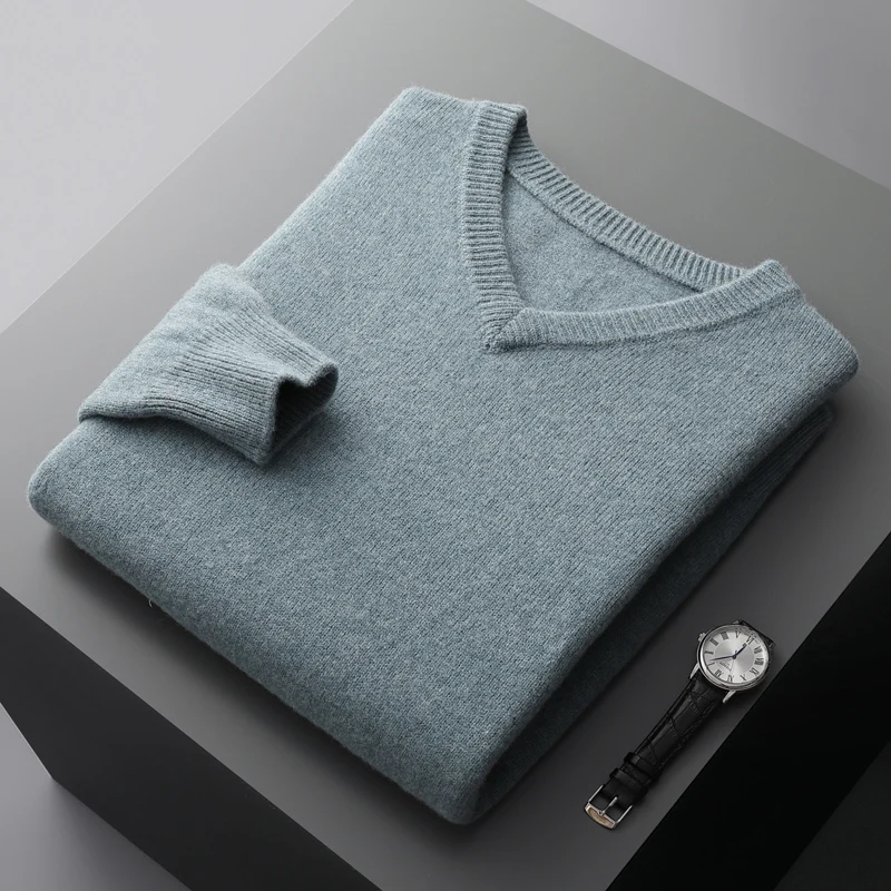 

Autumn Winter New Men's V-Neck 100%wool Cashmere Sweater Thick Solid Pullovers Loose Knit Base Shirt Business Casual Jacket Tops