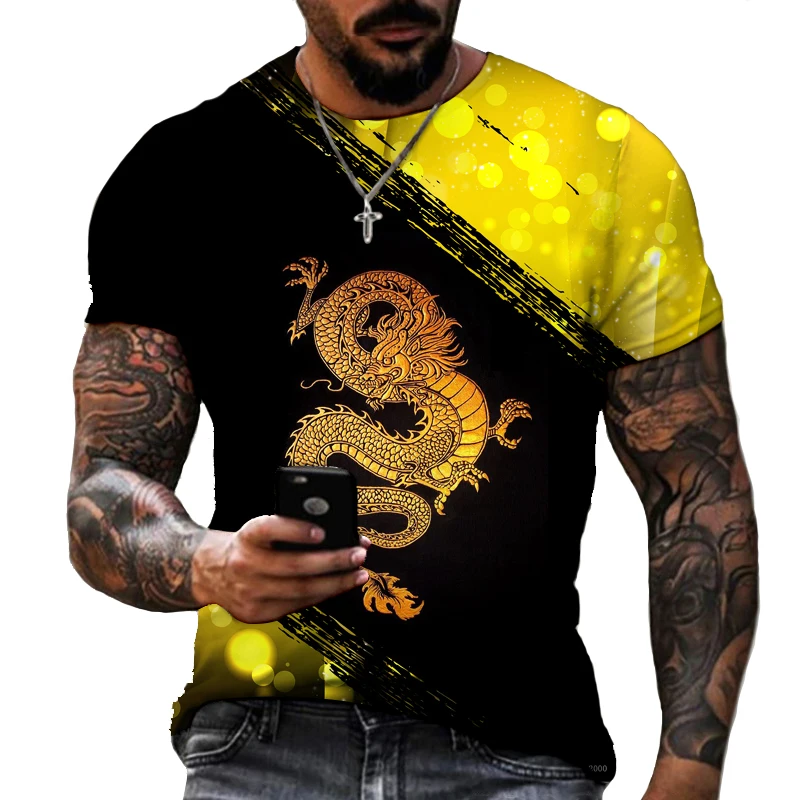 

2024 New Zodiac Chinese Dragon 3D Printing Men's T-shirt Lycra Polyester Short-sleeved Oversized Summer O-neck Top