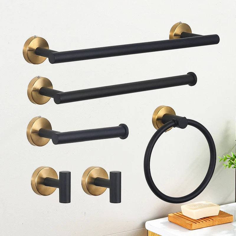 Toilet paper holder bathroom hardware set bathroom hardware accessories Black and Gold Stainless Steel Bathroom Hardware set Towel Bar Toilet Paper Holder Clothes Hook Bathroom Roll Towel Rack Ring