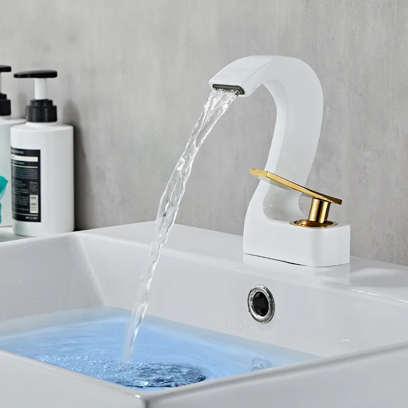 

All Copper Waterfall Faucet High-temperature Painted Bathroom Cabinet Basin Cold Hot Mixed Water White Creative Art Faucet