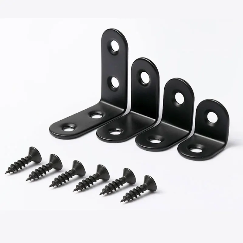 Black Stainless Steel L Brackets Small Right Angle Corner Brace Shelves Wood Furniture Chair Drawer 10PCS 20pcs Screws