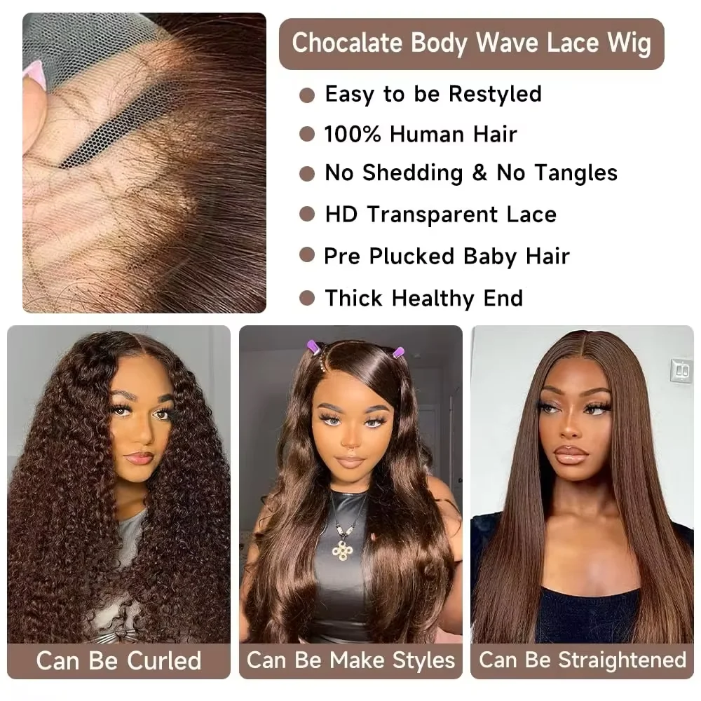 #4 HD 13x6 Chocolate Brown Body Wave Lace Front Wig 220 Density Colored Human Hair Max-lace Wig Human Hair Pre Plucked For Women