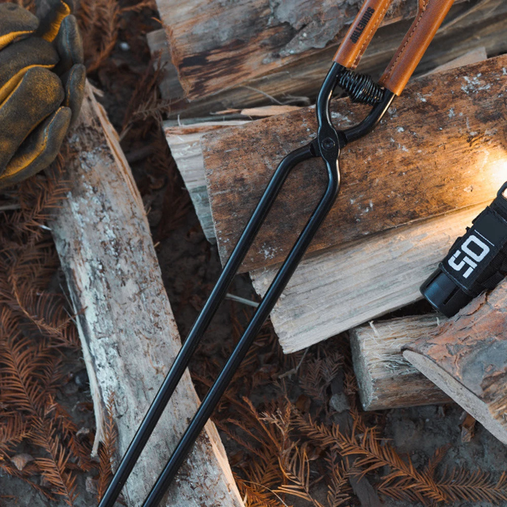 Kohlenstoffs tahl Holzkohle zange Camping Lagerfeuer Grill Brennholz Clip Werkzeug Öfen Feuer Holzkohle Zange Leder griff Brennholz klemme – Detail 14