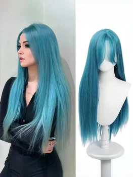 Parrucca Lunga Liscia Blu Teal – Capelli Sintetici con Frangia, Lucentezza Naturale e Riga Naturale per Anime, Cosplay, Festival e Spettacoli Teatrali