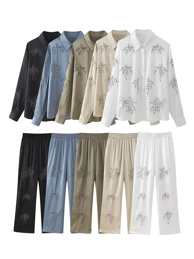 

Комплект из 2 предметов HH TRAF для женщин, шикарная однобортная рубашка с отложным воротником и вышивкой бисером, Топ с длинным рукавом, женские широкие брюки с эластичным поясом