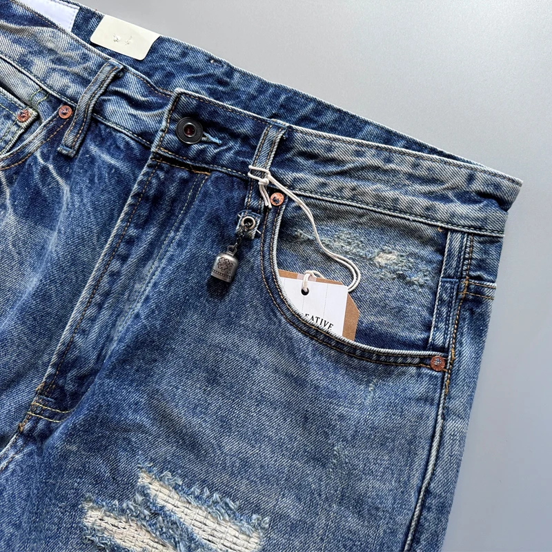 14oz High Quality Ripped Hole Washed Denim Jeans for Men Spring Autumn Winter Thick Tapered Straight Pants Handsome Cityboys 502