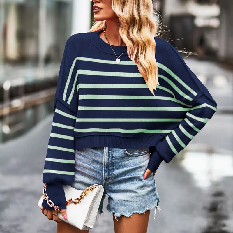 

O-Neck Women's Striped Sweater Blue and Green Thick Warm Winter Jumper Female Streetwear Black Apricot Knitted Sweater for Women