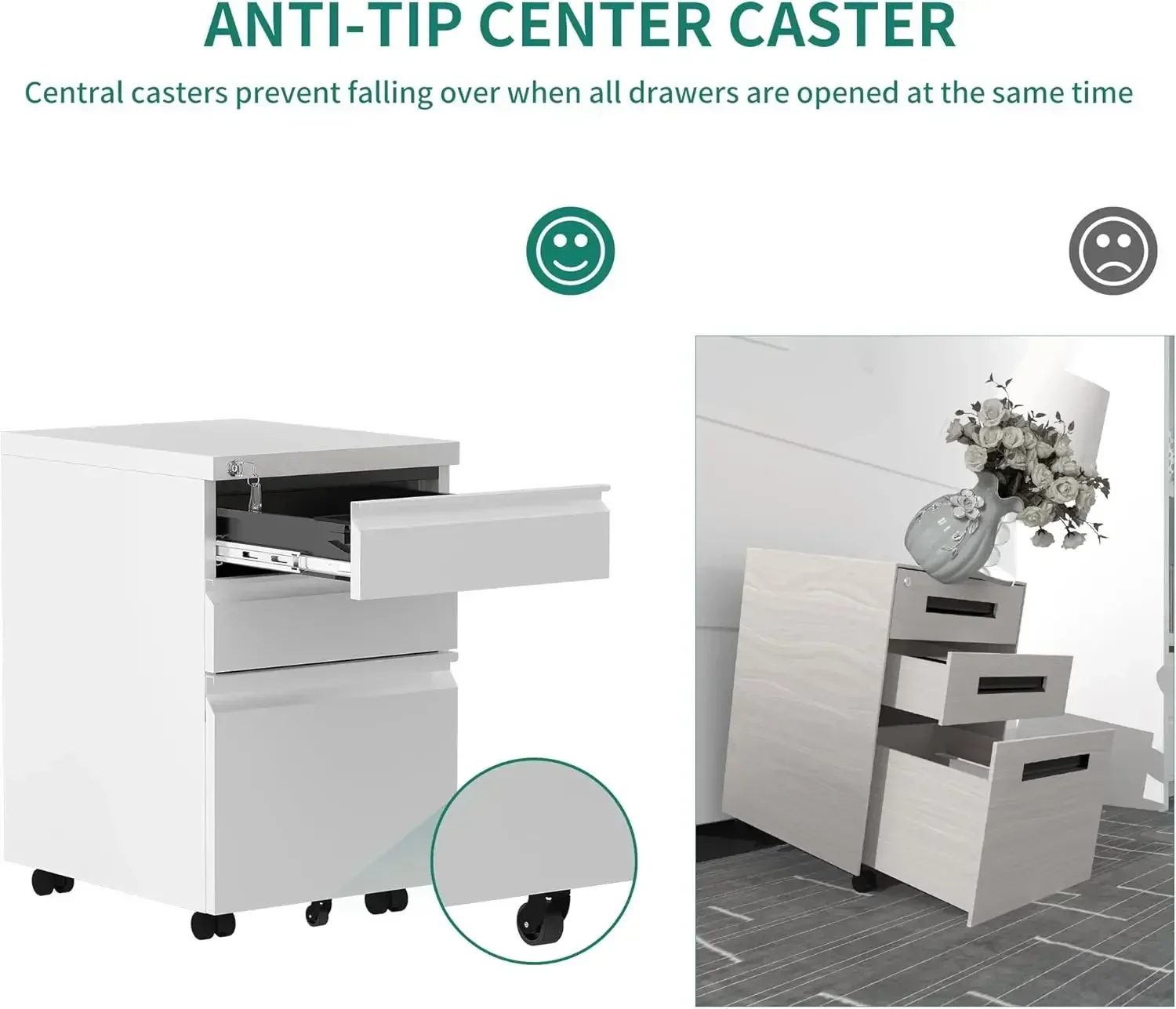 New2025-3-Drawer Mobile File Cabinet with Lock, Office Storage Filing Cabinet for Legal/Letter Size, Pre-Assembled Metal File Ca