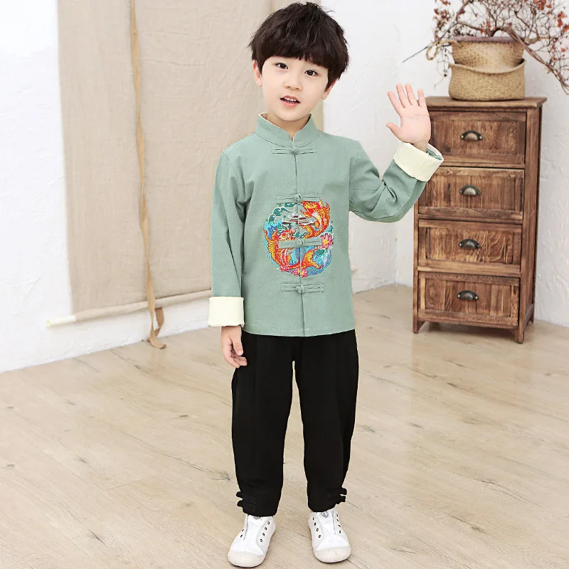 Boys Performance Costumes Embroider Fish Hanfu Set New Year Chinese Style Tang Clothes Set 2Pcs Long Sleeve Outfit Shirt&pants