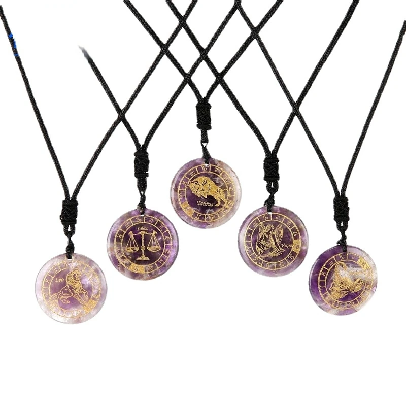 

Natural Amethysts Cancer 12 Constellation Pendant Healing Crystal Gems Engraved Zodiac Sign Necklace for Women Stone Charms Gift