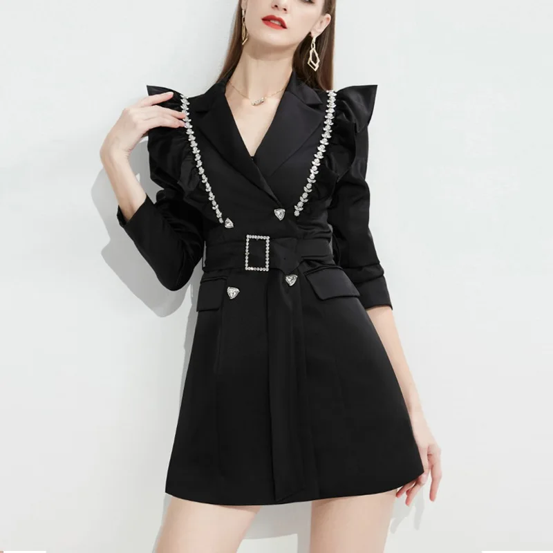 Black Ruffled Rhinestone Strip Suit Jacket for Women 2023 Spring and Autumn New High Waist Slim-fit Elegant Office Lady Coats