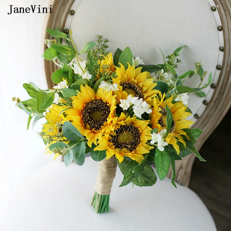 

JaneVini New Beautiful Bridal Bouquets Sunflower White Silk Flowers Green Eucalyptus Artificial Wedding Bouquet for Bridesmaids