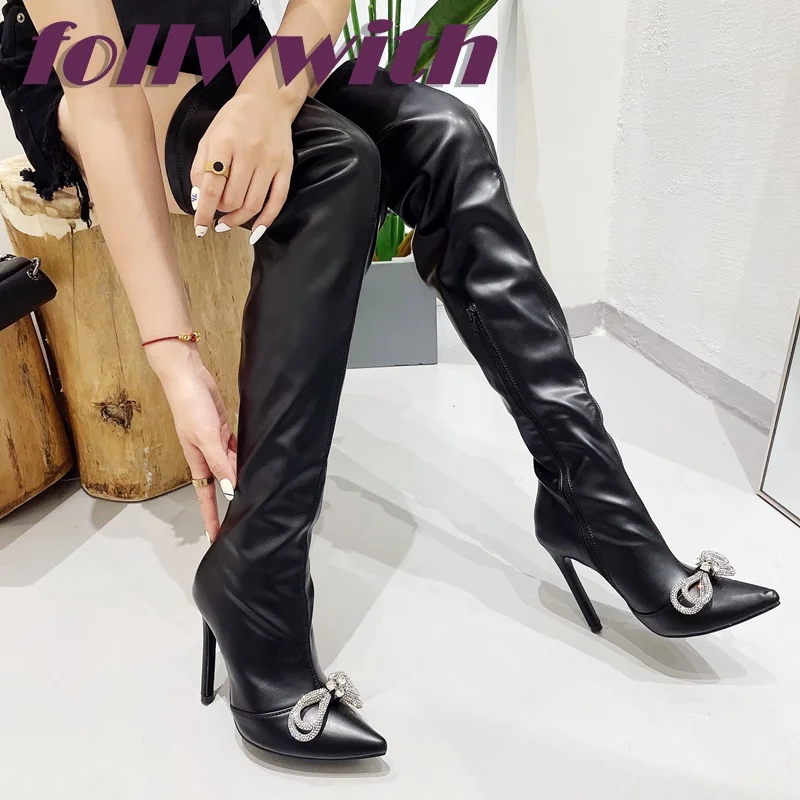 

Sexy Style Rhinestone Bowknot Over the Knee Boots Patent Leather Modern Winter Stiletto Heels New Arrival Fashion Ladies Shoes